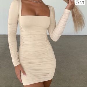 Oh Polly Cream Long Sleeve Ruched Dress